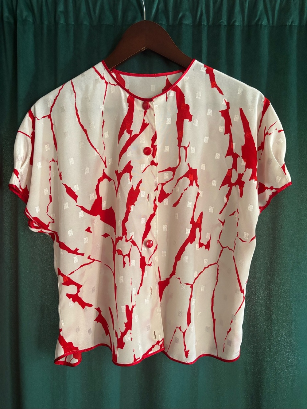 Womens Red & White Short Sleeve Button Front Blouse